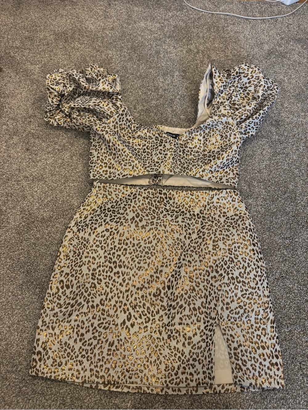 Leopard Print Puff Sleeve Crop Top and Skirt Set - Gold Accents